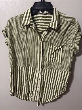 Jane and Delancey Green and White Striped Button-Front Blouse